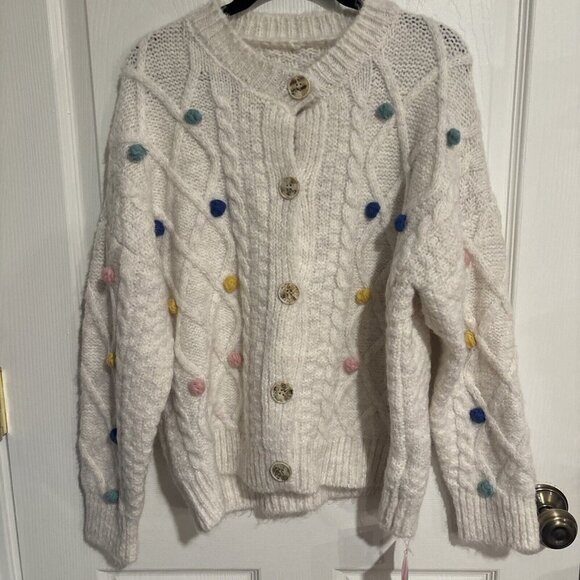 CHICWISH COLORFUL POM-POM DIAMOND KNIT CARDIGAN IN IVORY - Picture 1 of 8